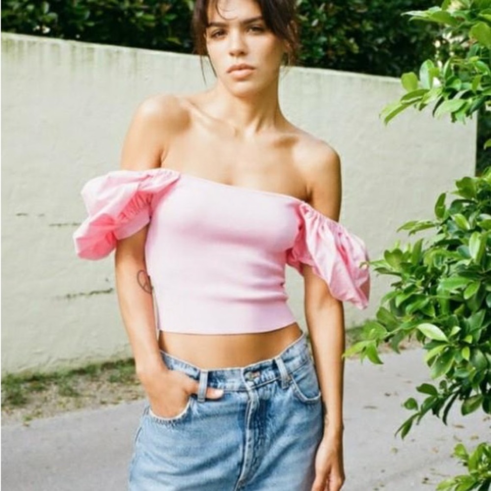 Zara CONTRAST KNIT TOP pink tie straps off shoulder - Picture 2 of 4